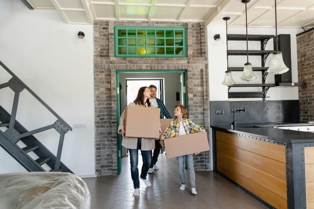 family unpacking the kitchen