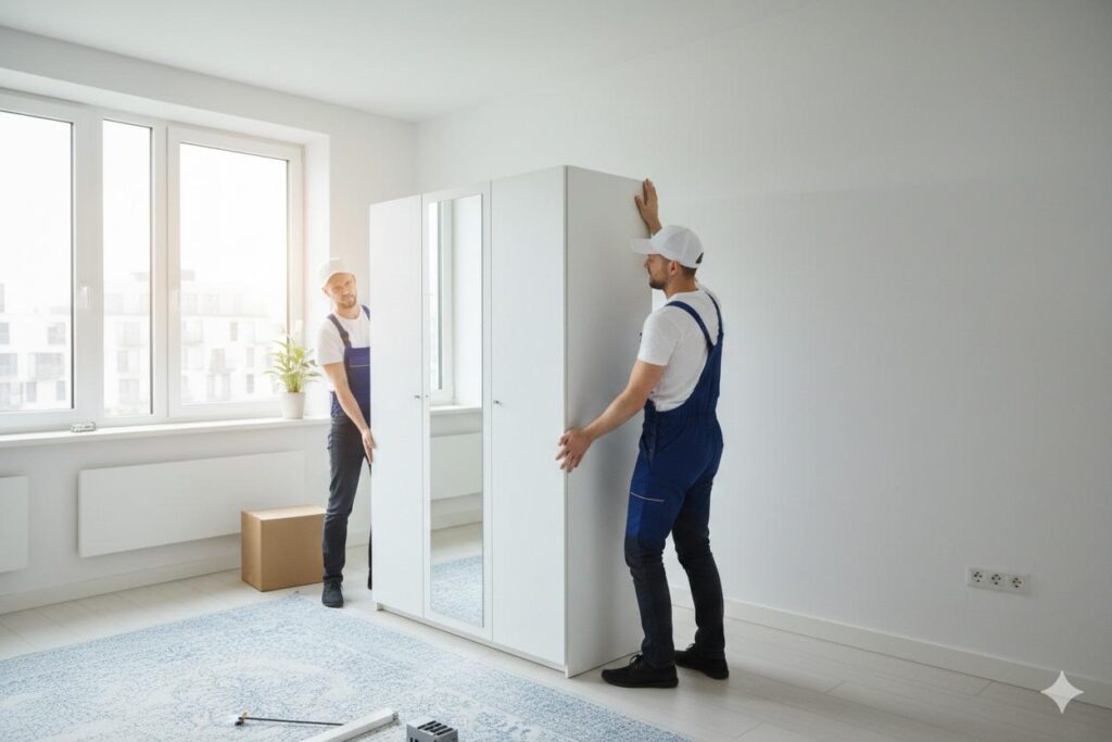 2 people moving a wardrobe