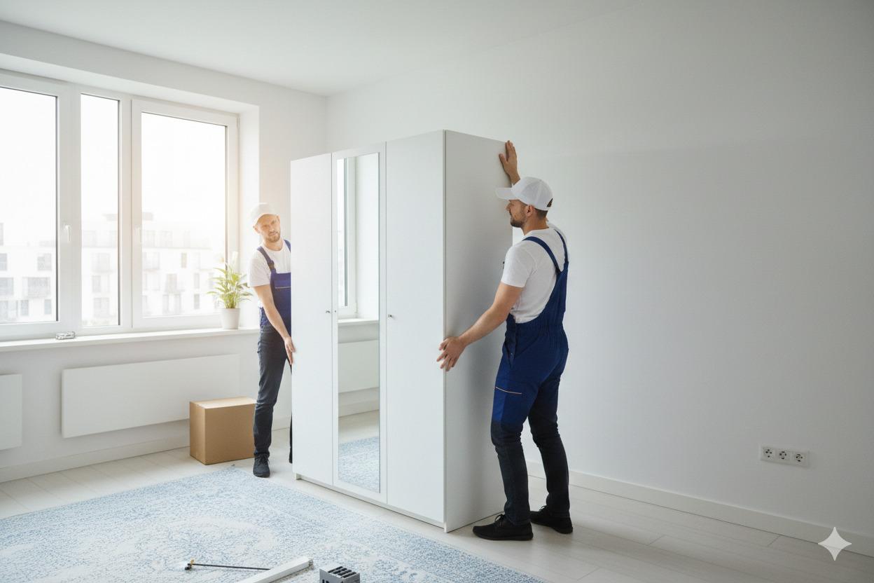 2 people moving a wardrobe