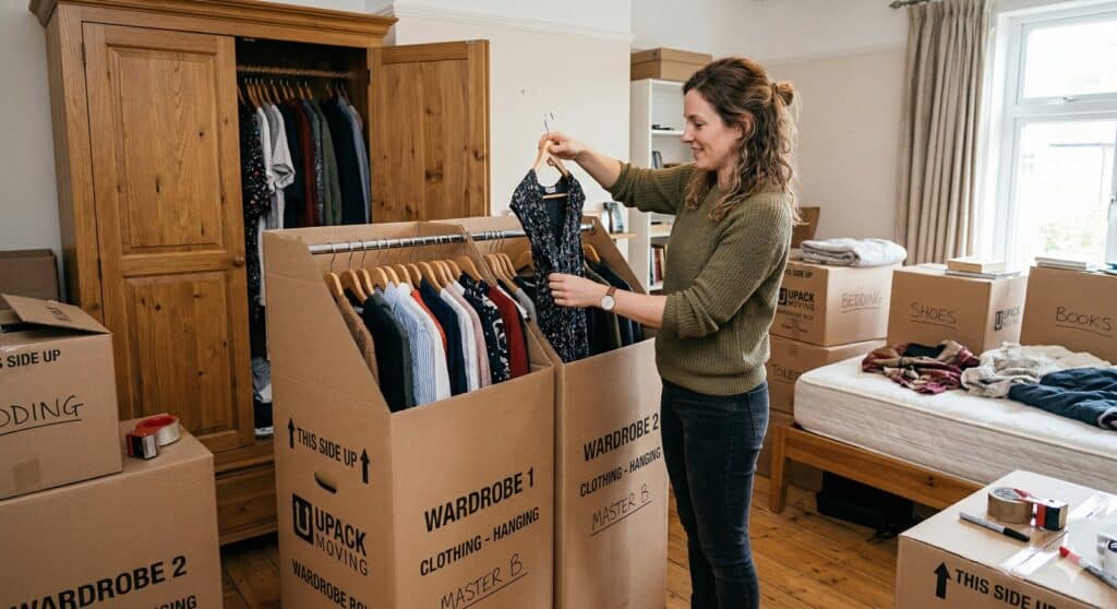 packing clothes in wardrobe boxes